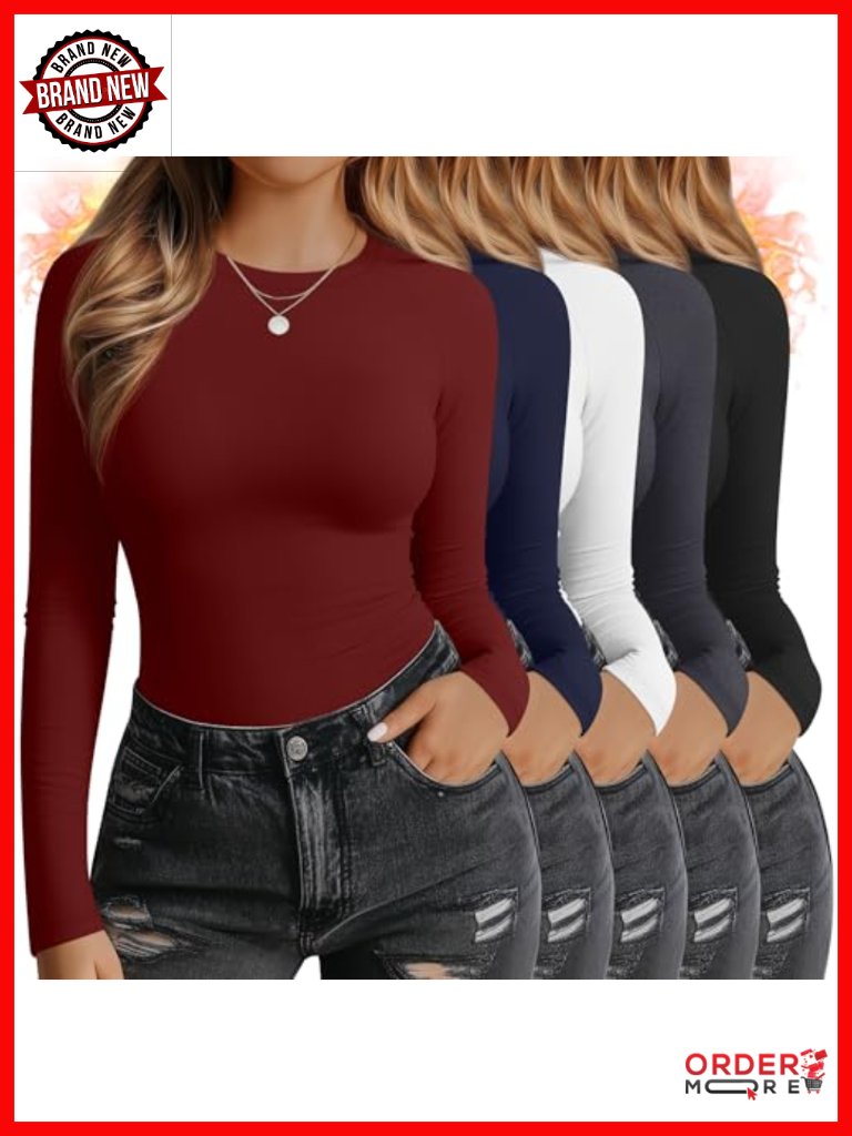 Plus Size Thermal Base Layer Long Sleeve Crew Neck Fleece Tops 5-Pack